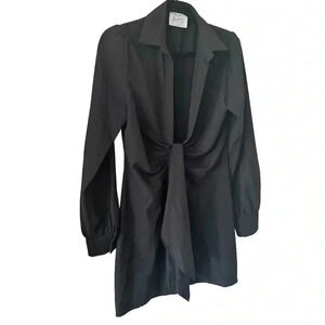 Native One Women's Black Long Sleeve‎ Tie Front Plunge V-Neck Mini Dress Size L